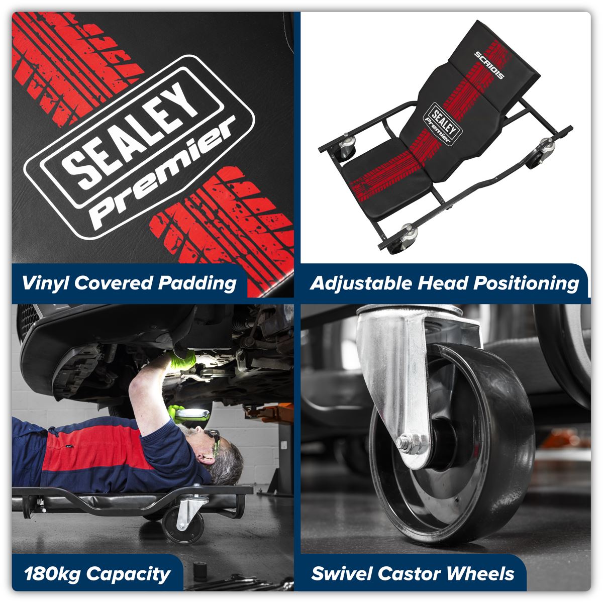 Sealey Steel Creeper with 4 Rough Ground 5" Wheels & Adjustable Back/Headrest