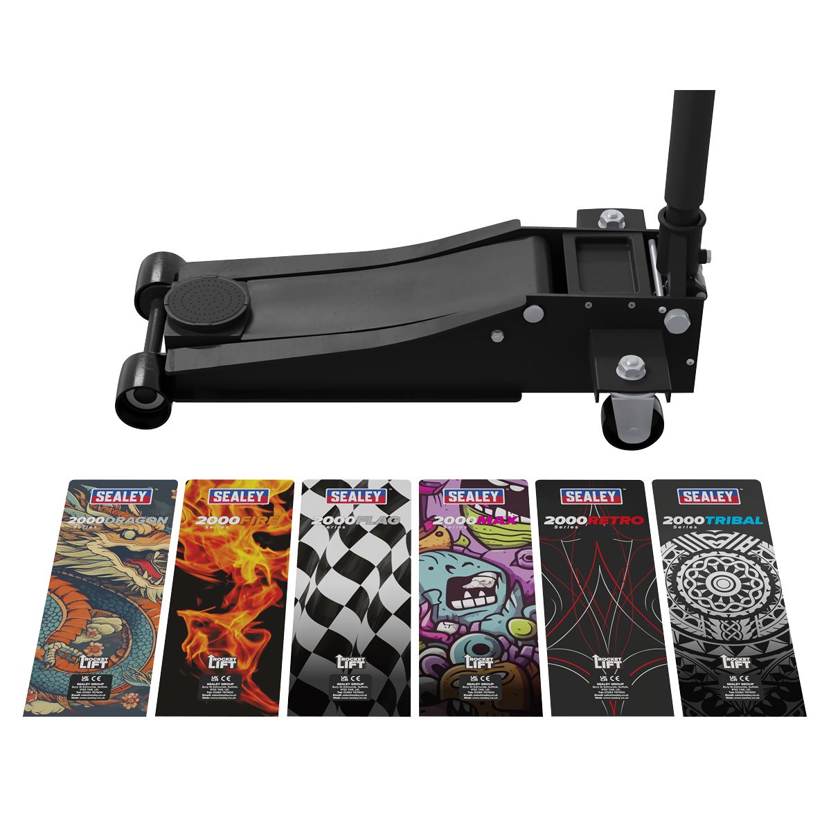 Sealey Low Entry Custom Design Trolley Jack with Rocket Lift 2 Tonne - Black  White Rose Tools