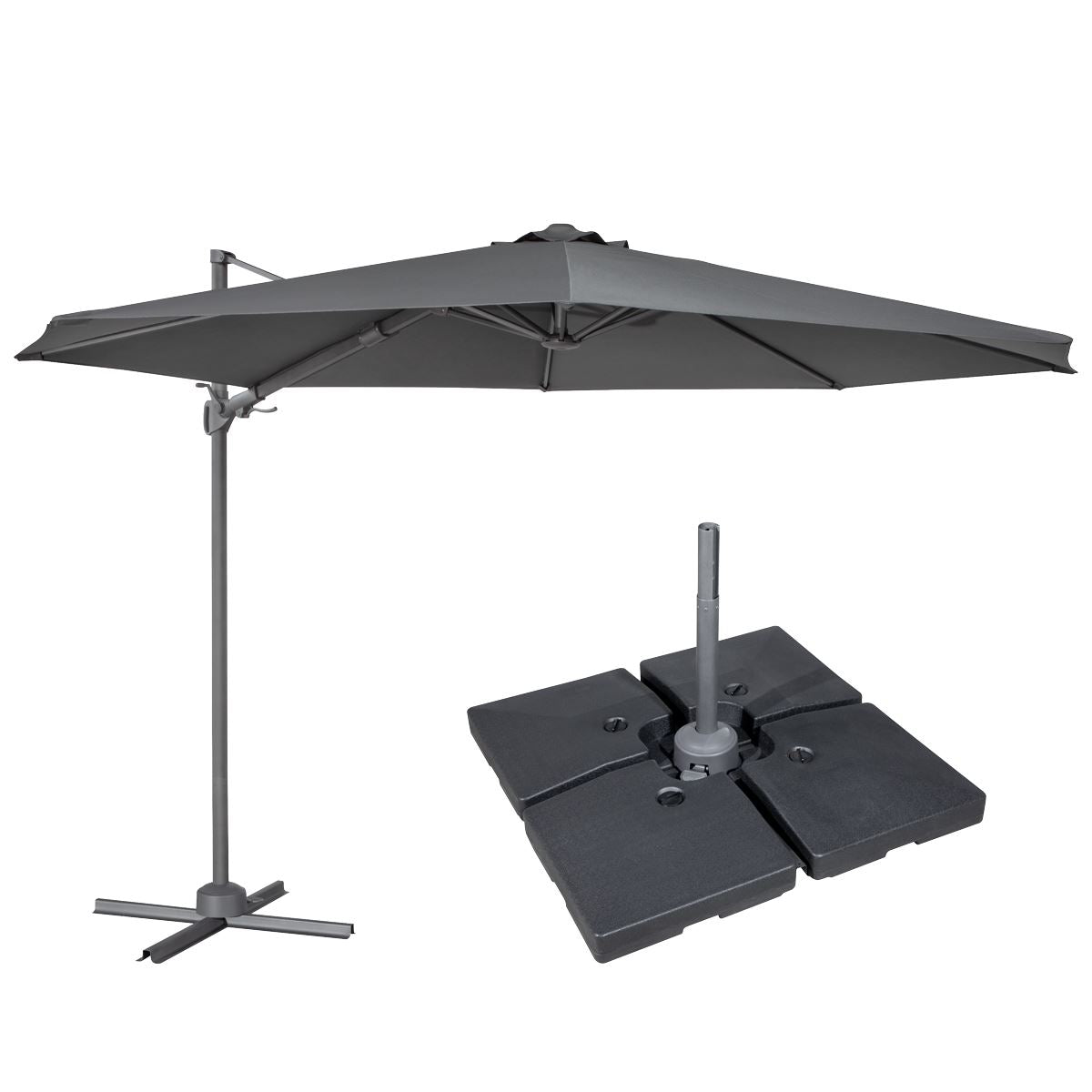 Dellonda Ø3m Cantilever Parasol/Umbrella, Cover and Base Bundle, 8 Rib, Crank Handle, 360° Rotation, 60° Tilt, Grey Canopy - DG272