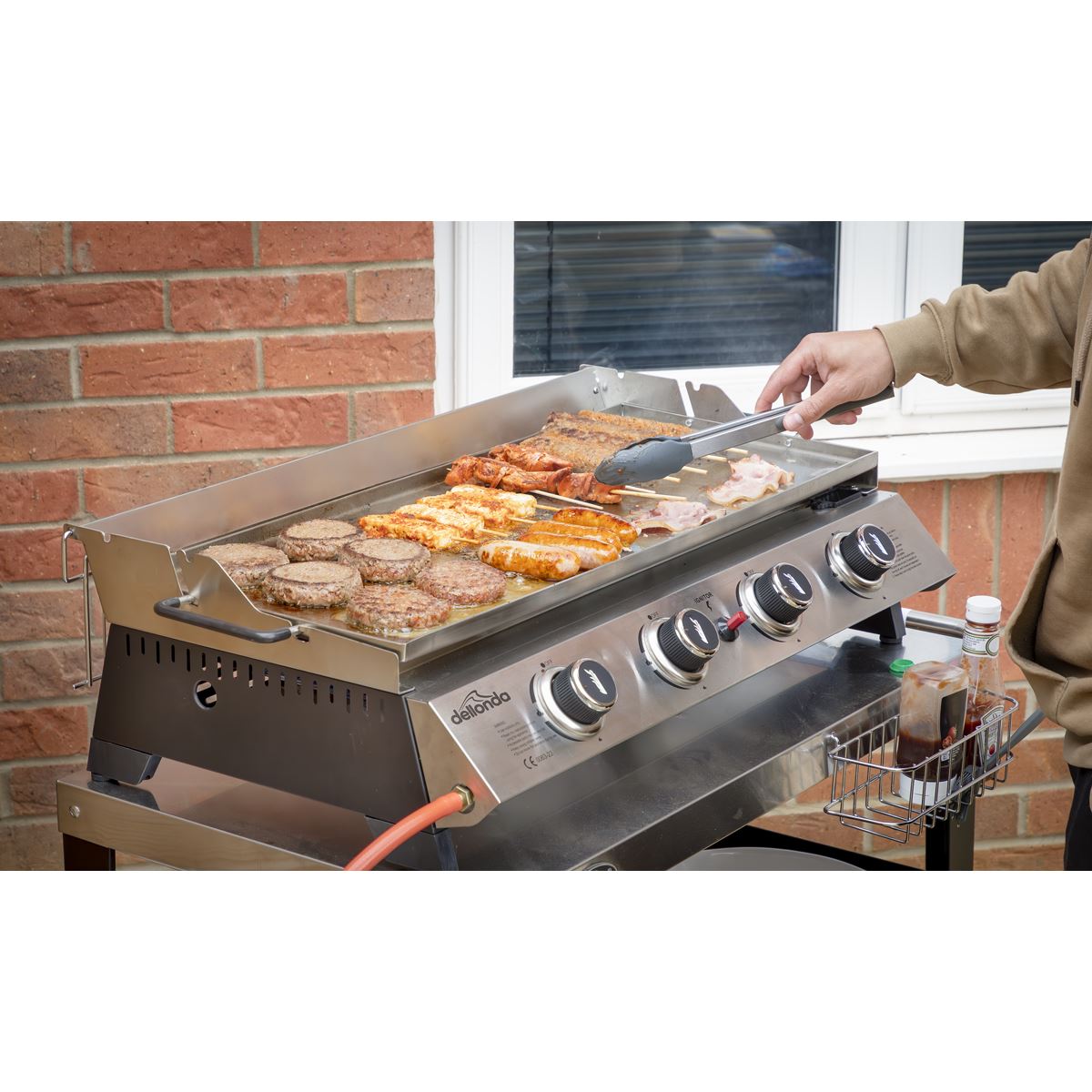 Dellonda 4 Burner Portable Gas Plancha with Warming Rack, 10kW BBQ Griddle, Stainless Steel