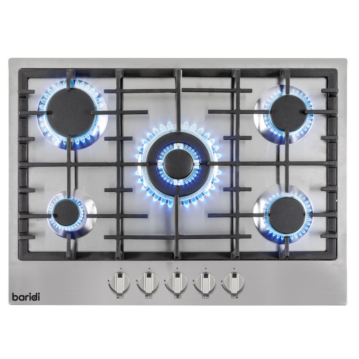 Baridi 70cm Gas Hob, 5 Burner and Cast Iron Pan Supports, Stainless Steel