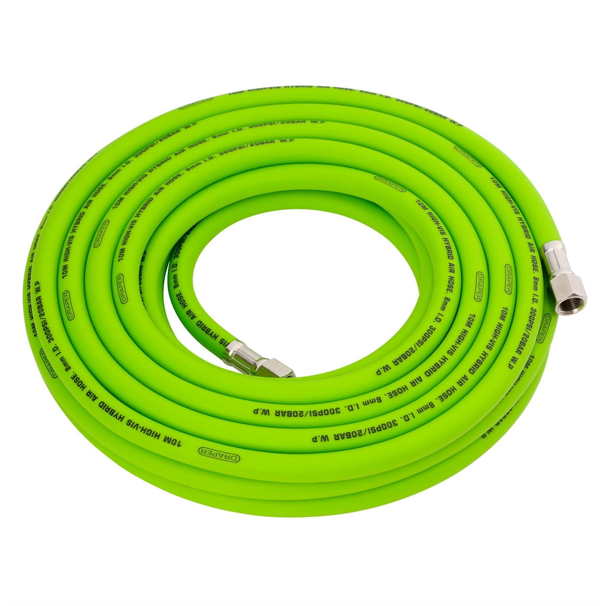 Draper High Visibility Hybrid Air Hose 10m x 8mm 1/4" BSP Green 31734  White Rose Tools