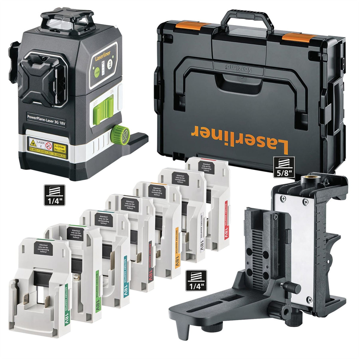 Laserliner 036.380-1 PowerPlane-Laser 3G Multi-18V Three-Dimensional Green Laser Kit with 7 Power Adaptors 32168  White Rose Tools