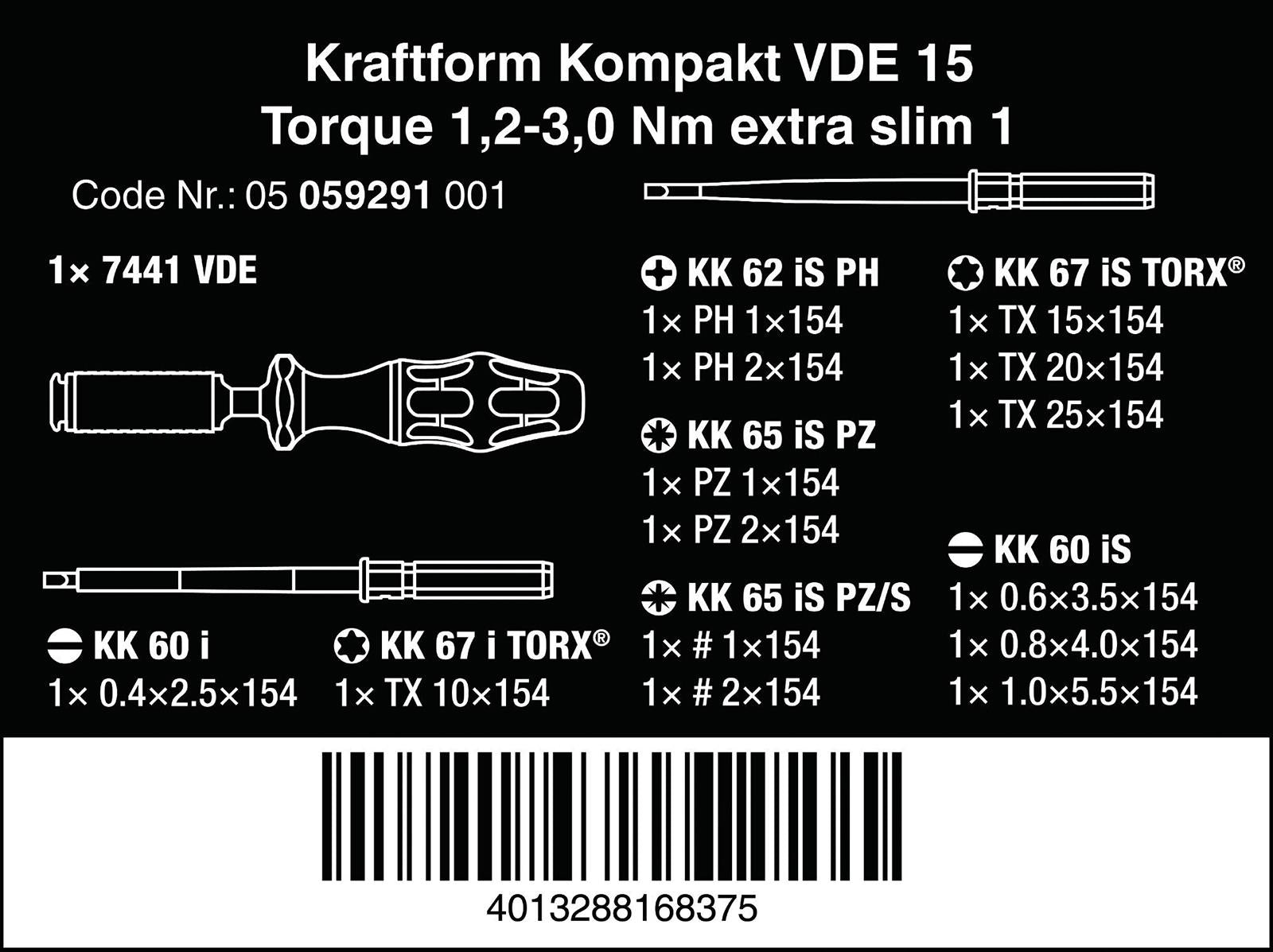 Wera VDE Torque Screwdriver 1.2-3.0 Nm Kraftform Kompakt Extra Slim 1 15 Pieces