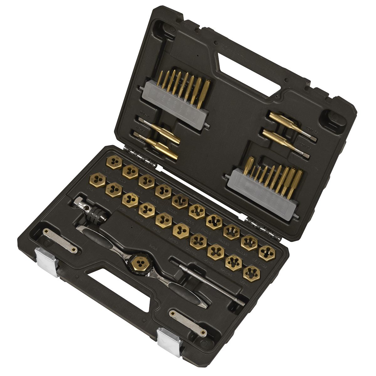 Sealey Premier Metric & SAE/Imperial Titanium Coated Hexagonal Tap & Die Set 46pc  White Rose Tools