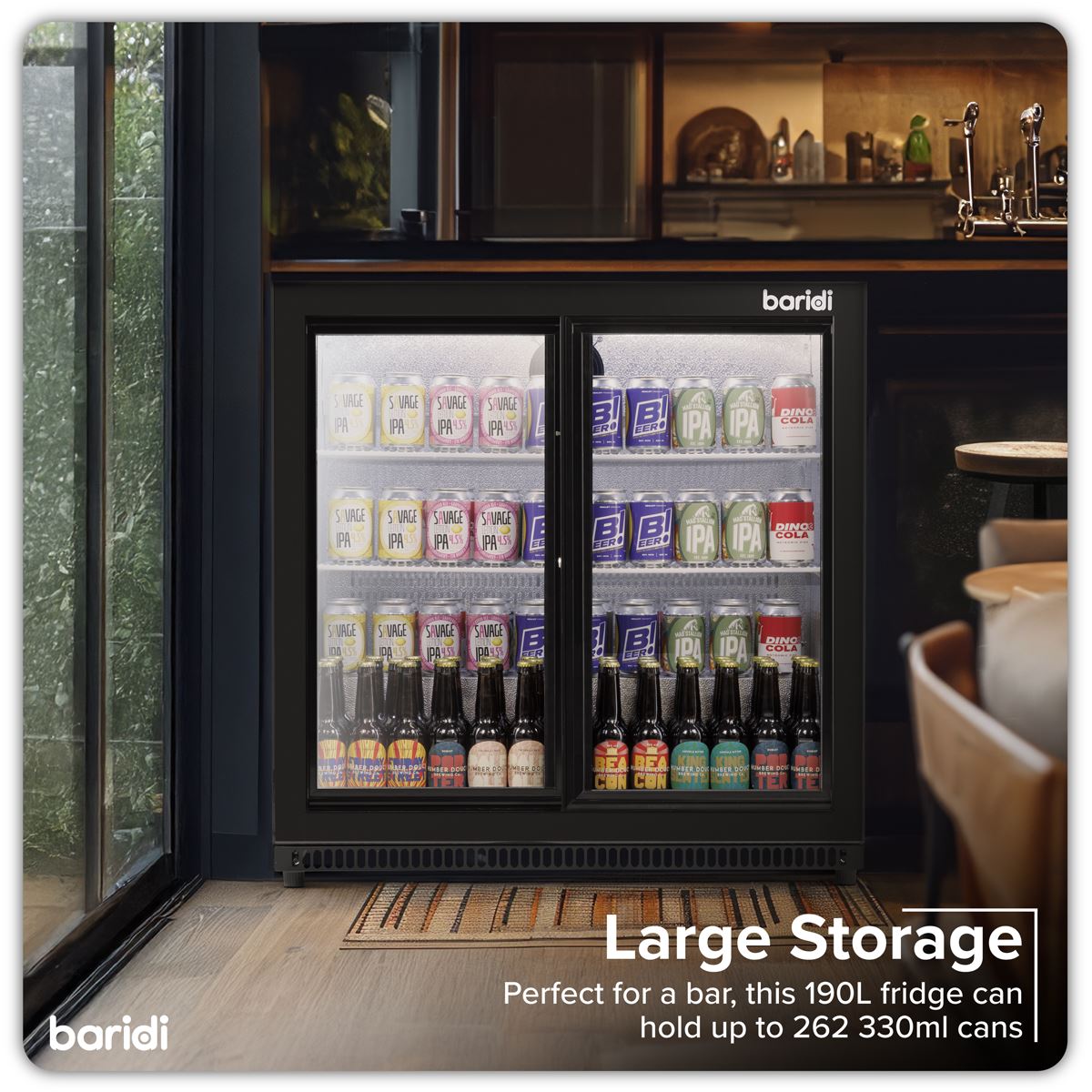 Baridi Back Bar Drinks Fridge/Cooler with Double Sliding Doors, 190L Capacity