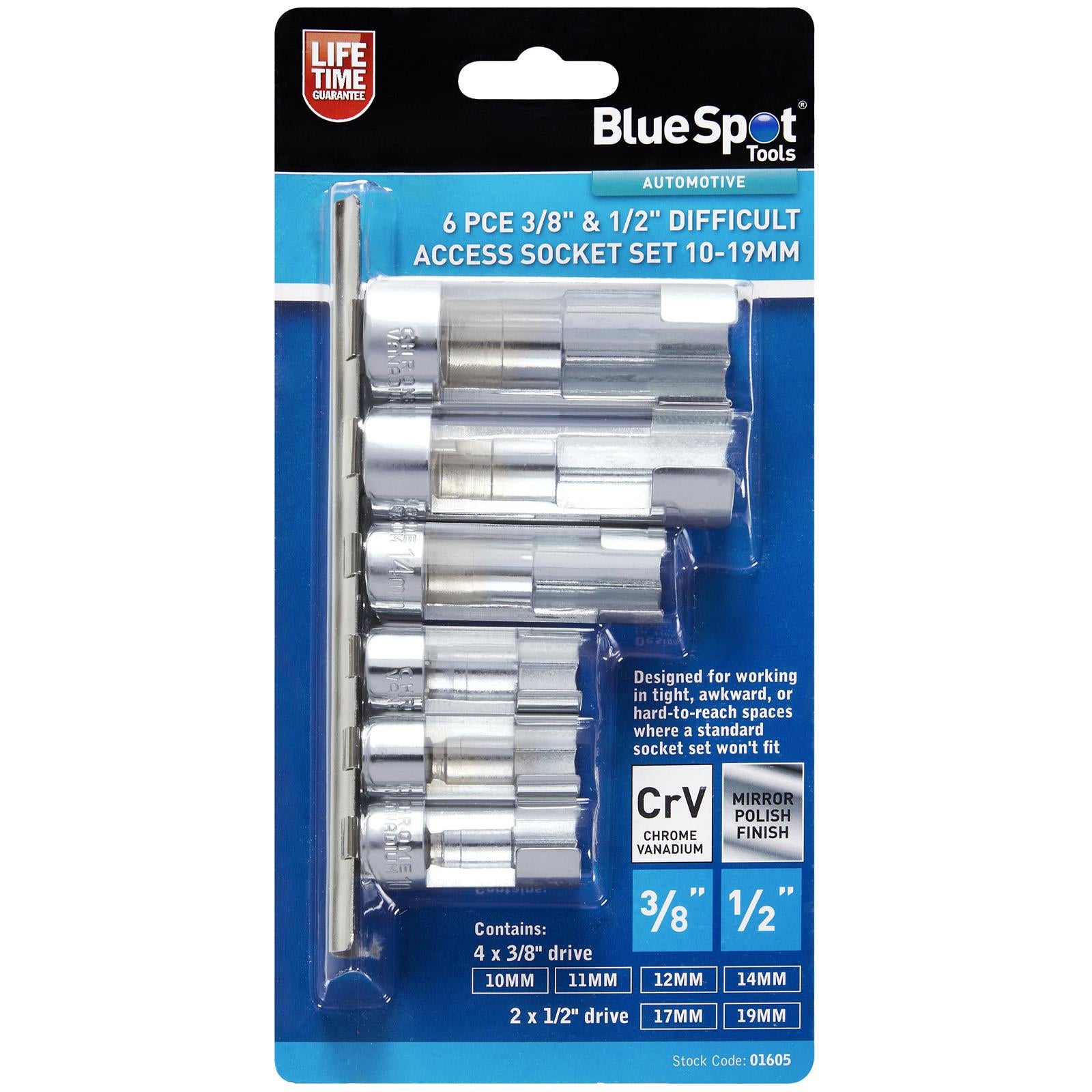 BlueSpot Difficult Access Socket Set 3/8" 1/2" Drive 10-19mm 6 Piece