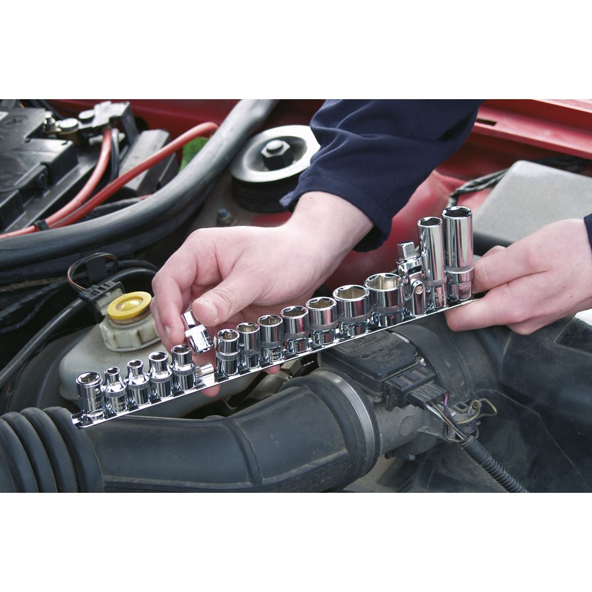 Sealey Premier Socket Retaining Rail with 14 Clips 3/8"Sq Drive 