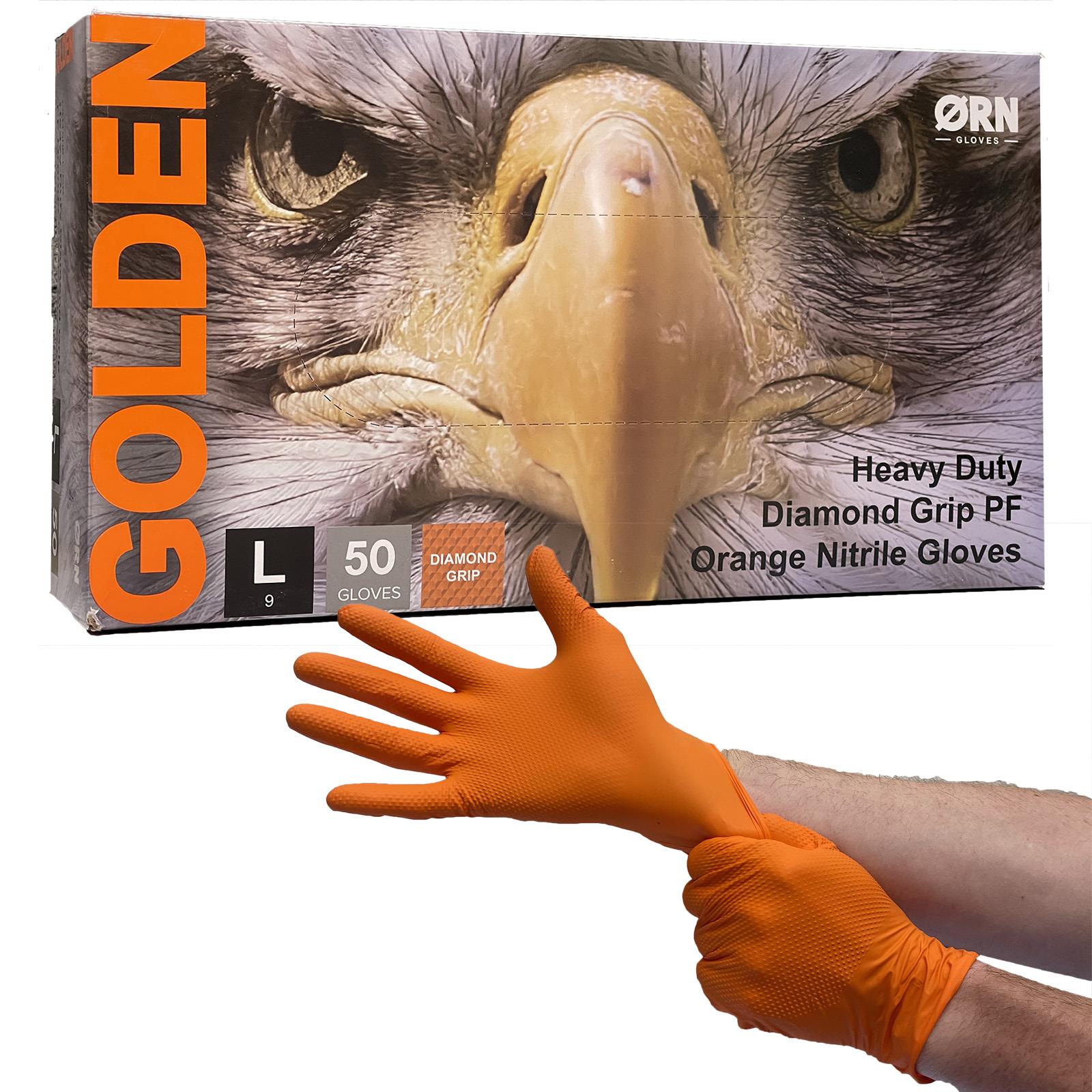 ORN Nitrile Disposable Gloves Golden Diamond Grip Orange Powder Latex Free 50 Box - Choose Size