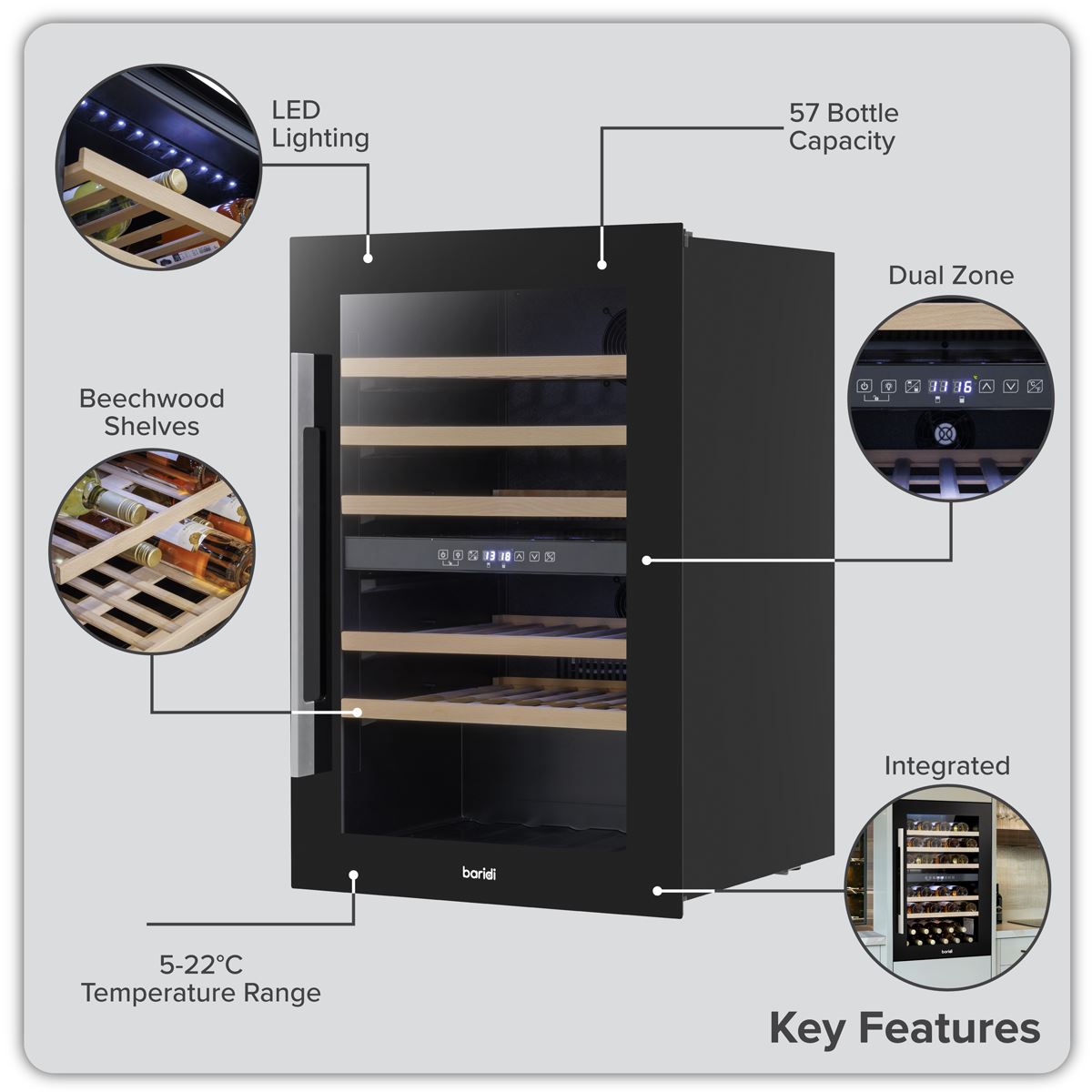 Baridi 57 Bottle Dual Zone Wine Fridge & Cooler 60cm  White Rose Tools