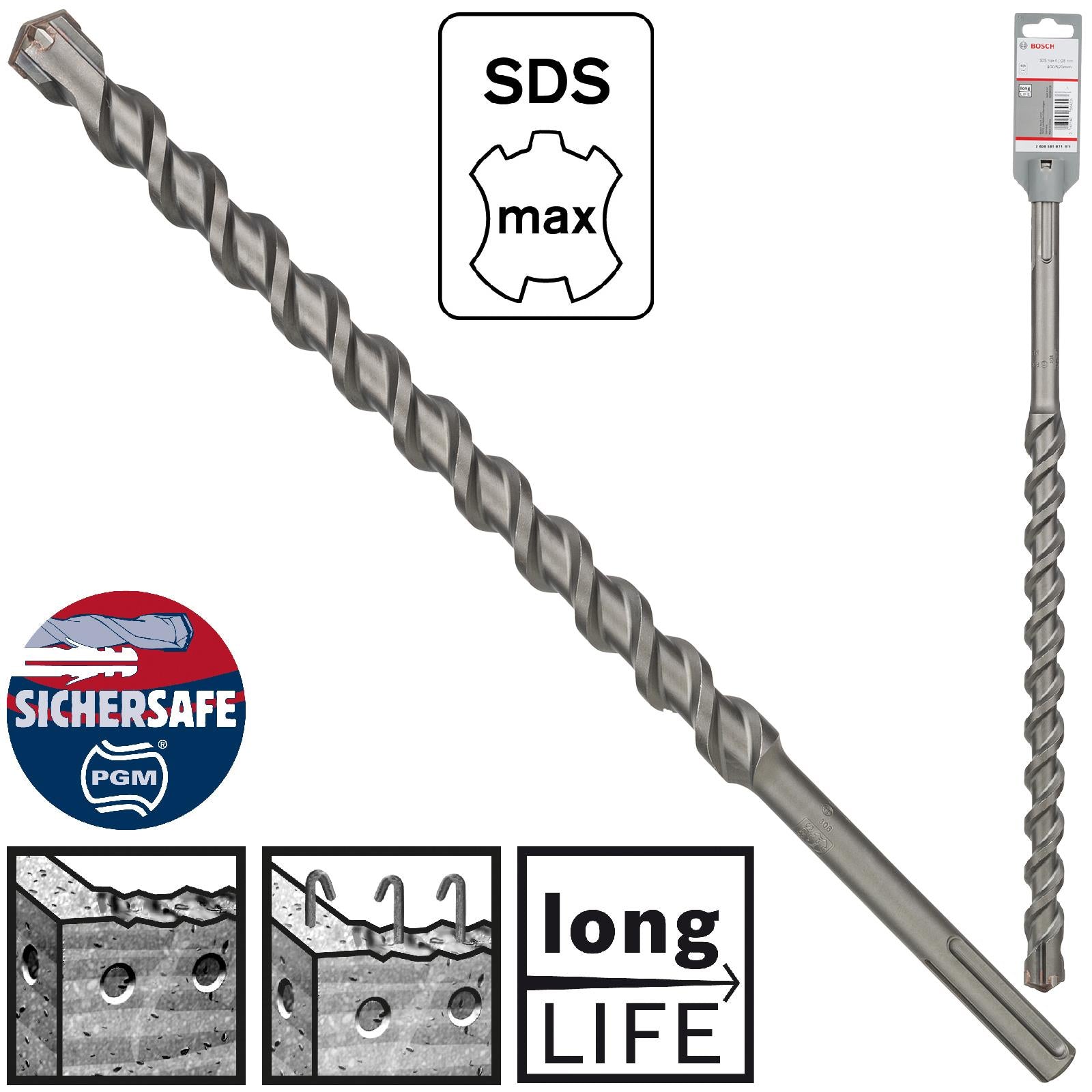 Bosch Hammer Drill Bit SDS Max 4 Cutter Head Concrete Masonry 28 x 520mm (WL:400mm)