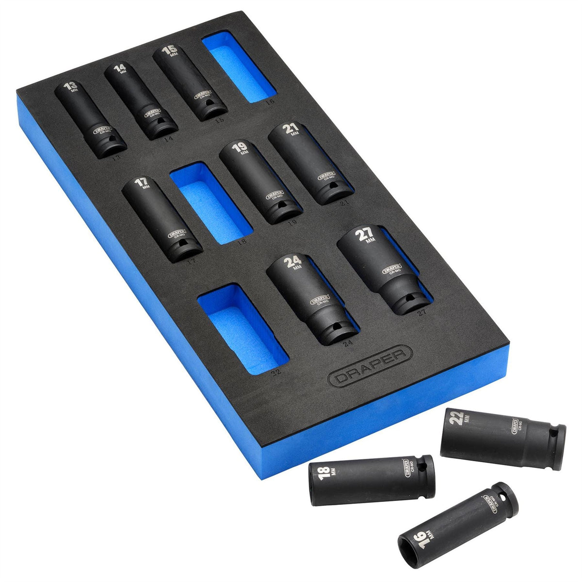 Draper HI-TORQ® Metric Deep Impact Socket Set in EVA Drawer Insert Tray 1/2" Sq. Dr. (11 Piece) 63483  White Rose Tools