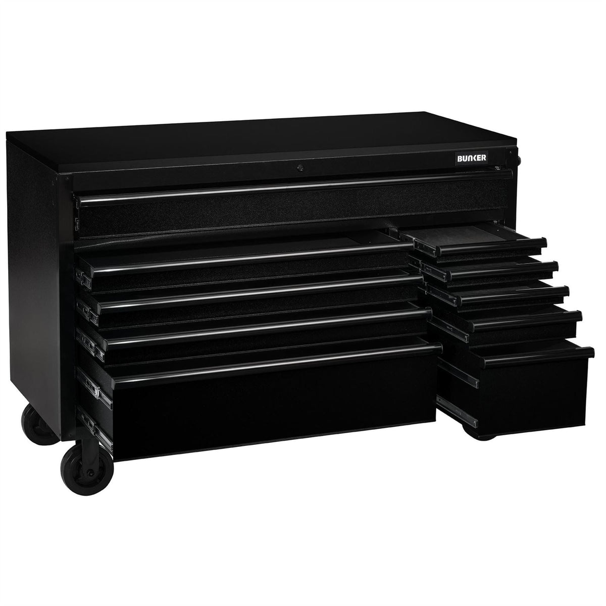 BUNKER 10 Drawer Workbench Roller Tool Cabinet with Black Stainless Steel Worktop 56" 27408  White Rose Tools