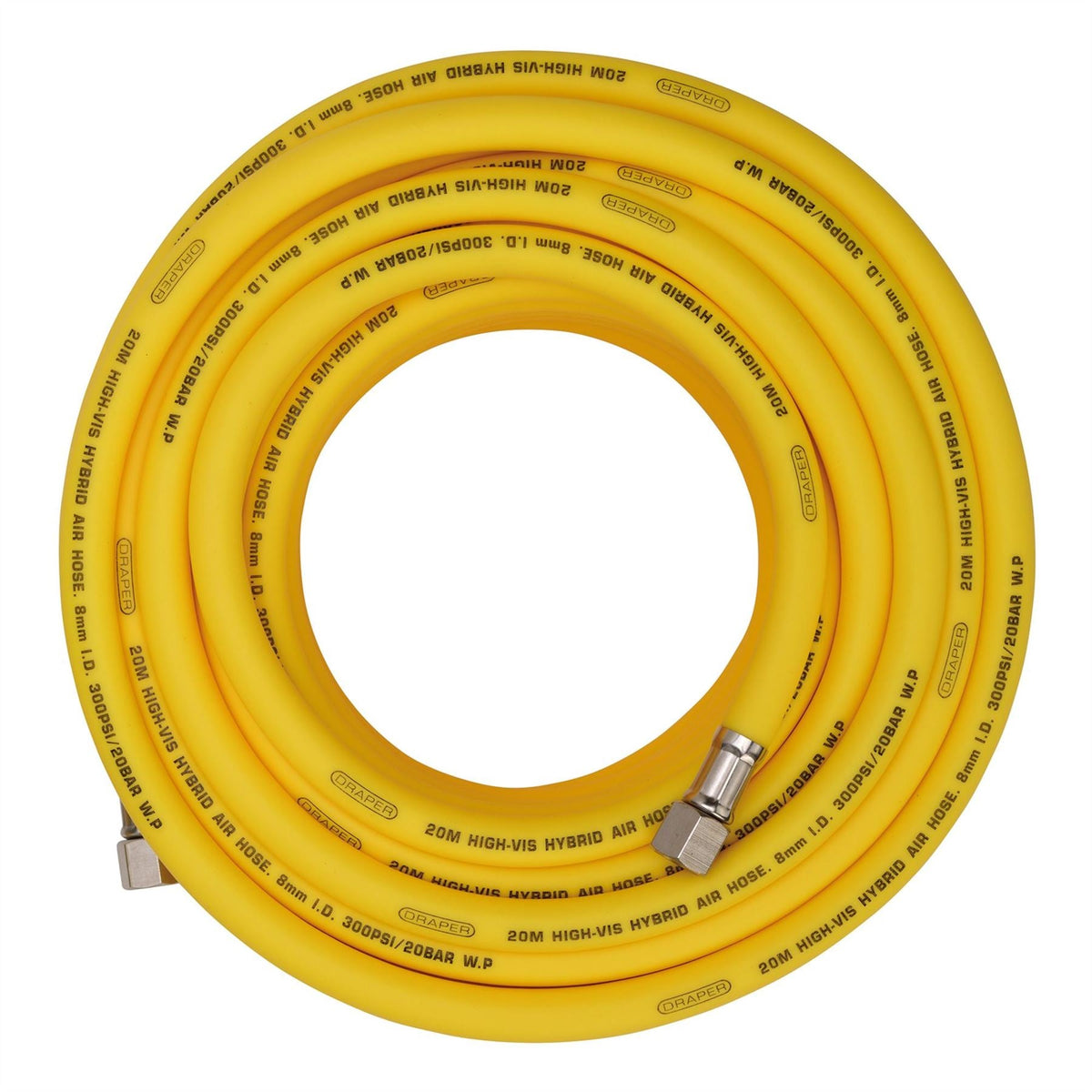 Draper High Visibility Hybrid Air Hose 20m x 8mm 1/4" BSP Yellow 31736  White Rose Tools