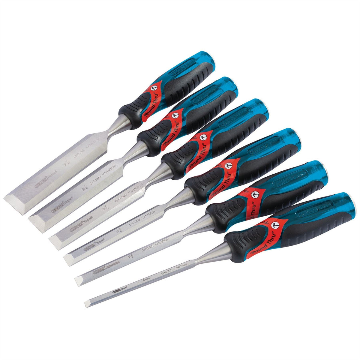 Draper Expert Soft Grip 'Pound Thru' Bevel Edge Wood Chisel Set 140mm (6 Piece) 70419  White Rose Tools