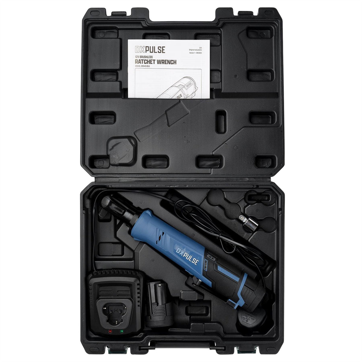 Draper DXPULSE 12V Brushless Ratchet Wrench Kit 1/2" Sq. Dr. 2 x 2.0Ah Batteries 1 x Charger 29542  White Rose Tools