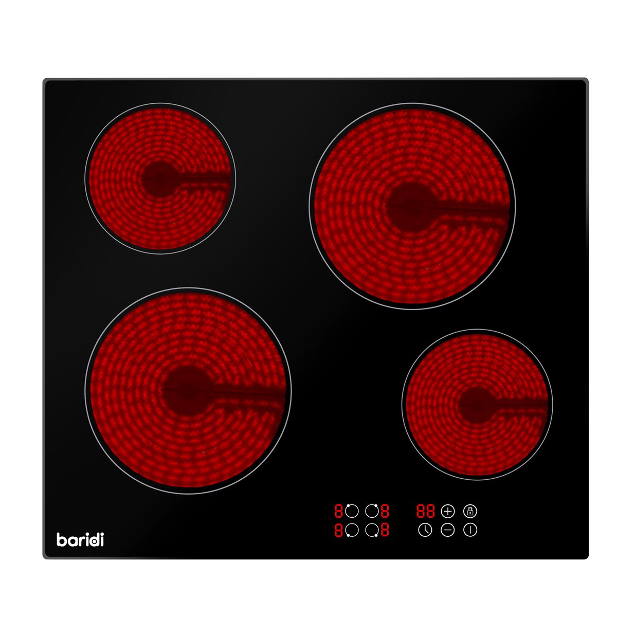 Baridi 60cm Built-In Ceramic Hob 4 Cooking Zones, Black Glass, 6000W with Touch Controls, Timer