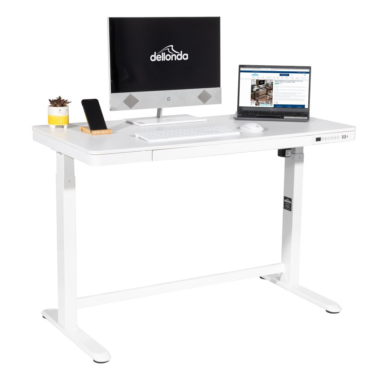 Dellonda White Electric Adjustable Standing Desk with USB & Drawer, 1200 x 600mm