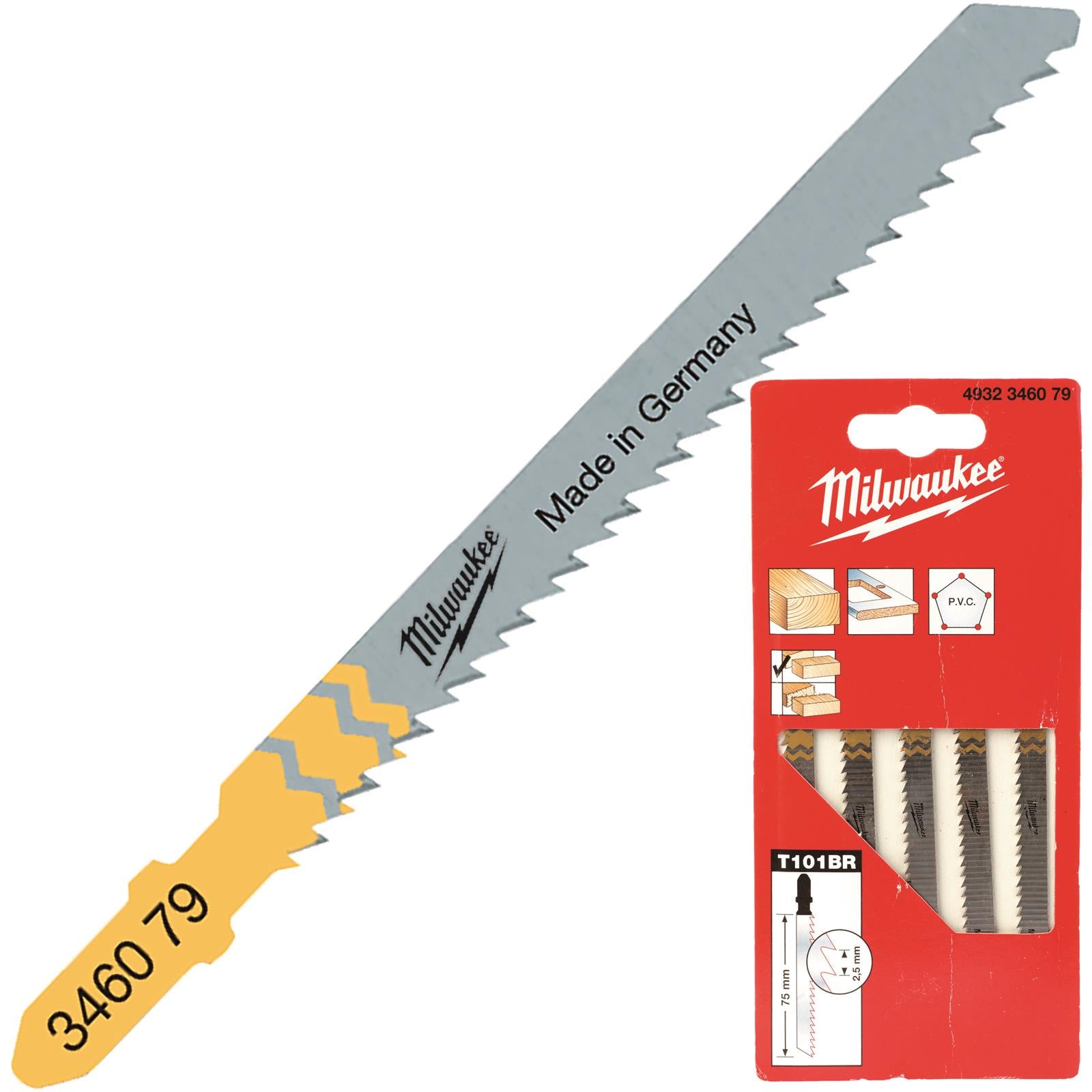 Milwaukee Jigsaw Blades Wood and Plastic 5 Pack Kitchen Worktops 75mm x 2.5mm T101BR 