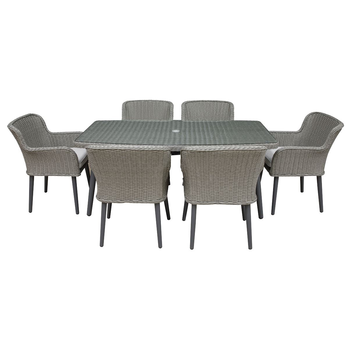 Dellonda Buxton 7 Piece Rattan Wicker Outdoor Dining Set with Tempered Glass Table Top, Grey