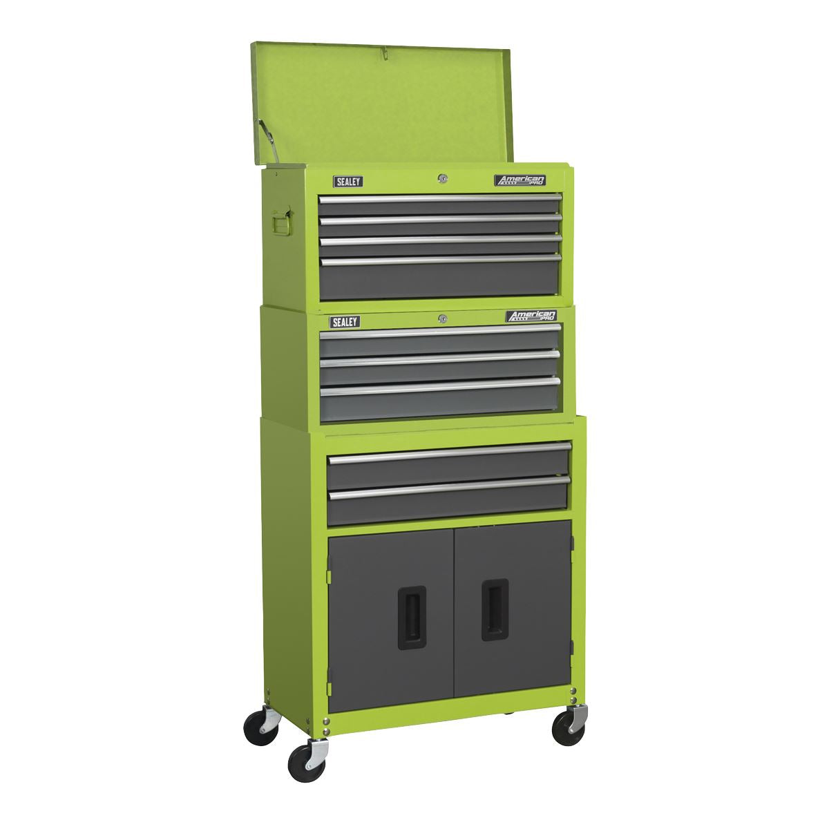Sealey American Pro Topchest, Mid-Box Tool Chest & Rollcab 9 Drawer Stack - Green 