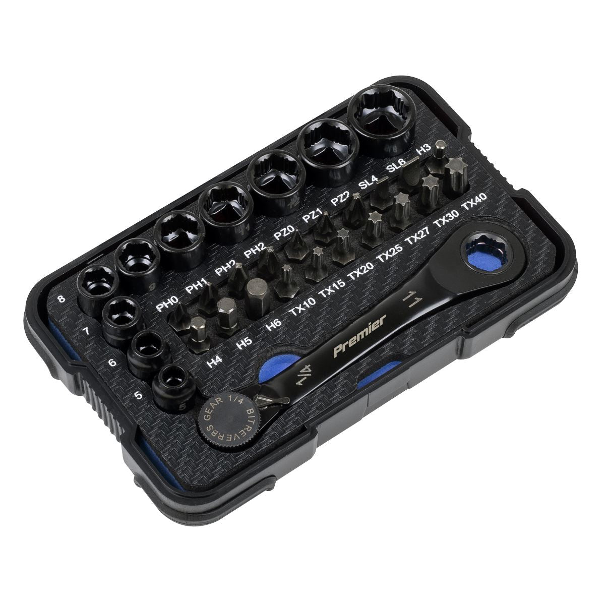 Sealey Premier Black Premier Black Go-Through Lock-On™ Low Profile Socket & Bit Set 1/4"Sq Drive 31pc  White Rose Tools