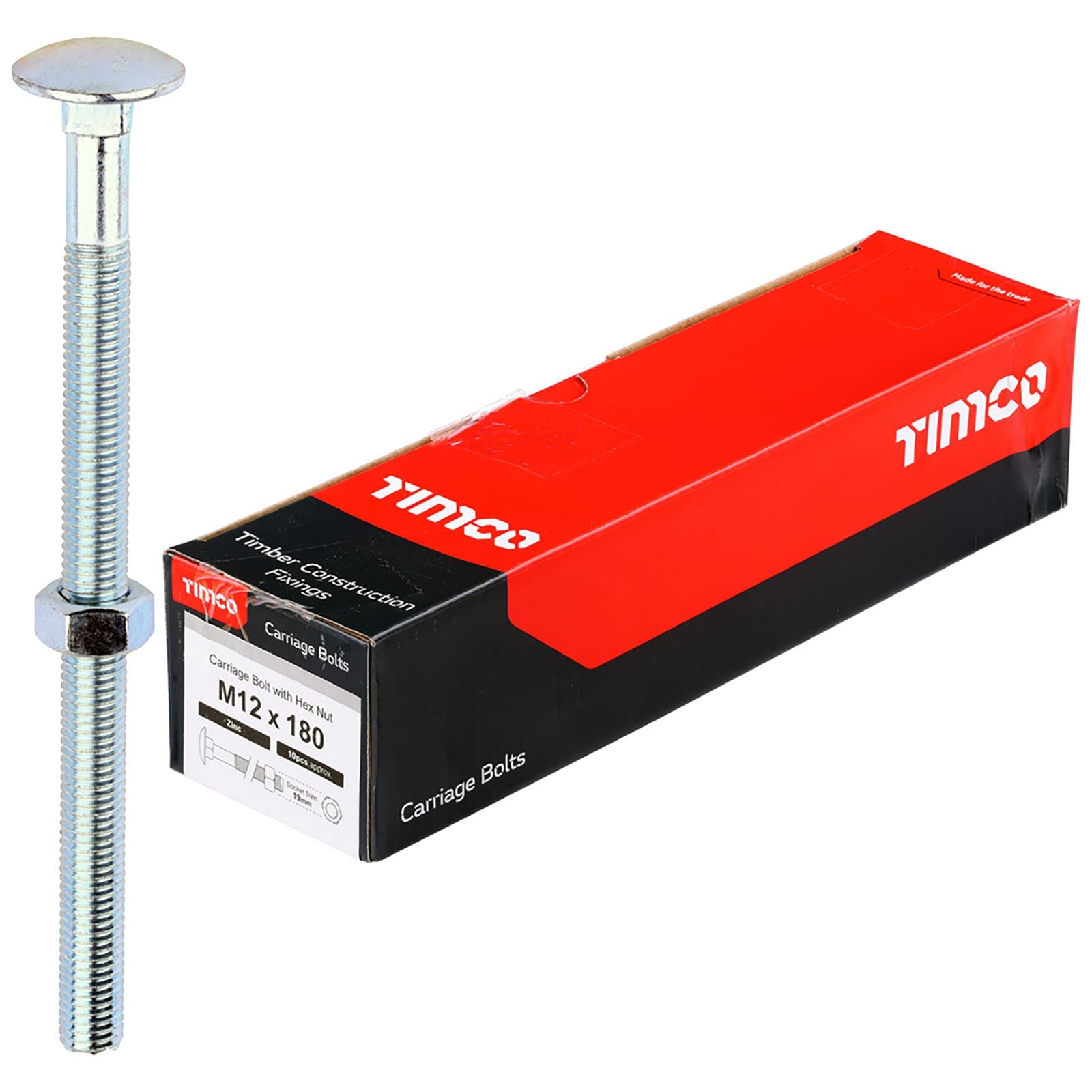 TIMCO Carriage Bolts with Hex Nuts 4.8 Grade Zinc Carbon Steel Boxed M6-M16 - Choose Size