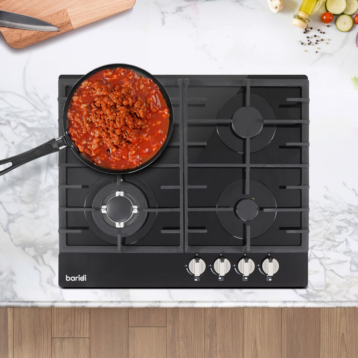 Baridi 60cm Gas on Glass Hob, 4 Burner and Cast Iron Pan Supports, Black Glass