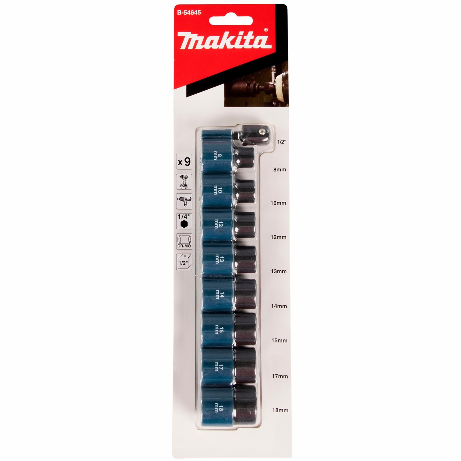 Makita Impact Socket Set 1/2" Drive 8-18mm with 1/4" Hex to 1/2" Drive Adaptor for Impact Driver 9 Piece