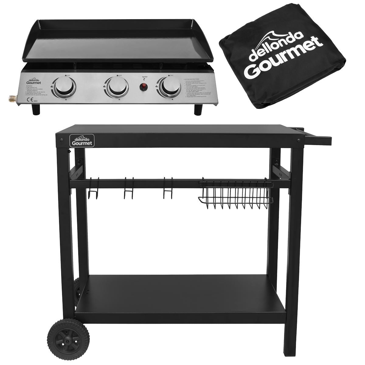 Dellonda 3 Burner Portable Gas Plancha 7.5kW BBQ Griddle, Stainless Steel, Supplied with Water Resistant Cover & Trolley