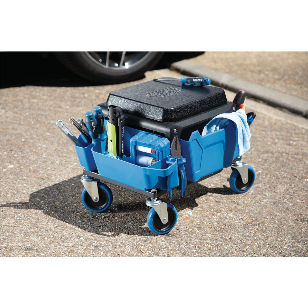 Draper Expert Work Stool with Tool Storage Blue 23716  White Rose Tools