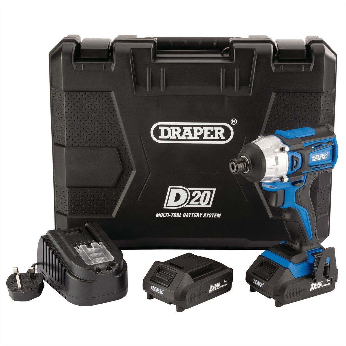 Draper D20 20V Brushless Impact Driver 1/4" Hex 180Nm 2 x 2.0Ah Batteries 1 x Charger 86958  White Rose Tools
