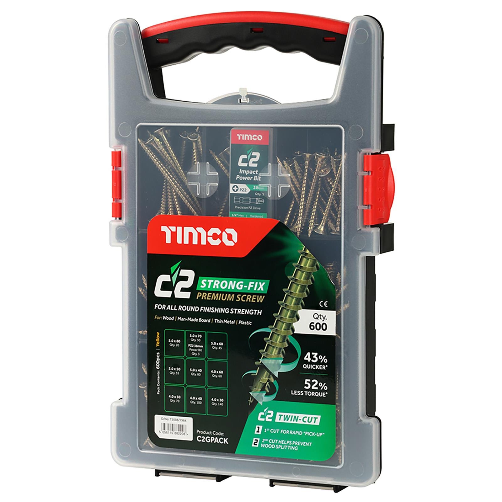 TIMCO C2 Strong Fix Pozi Grab Pack Premium Wood Screws 600 Pieces in Divider Storage Case