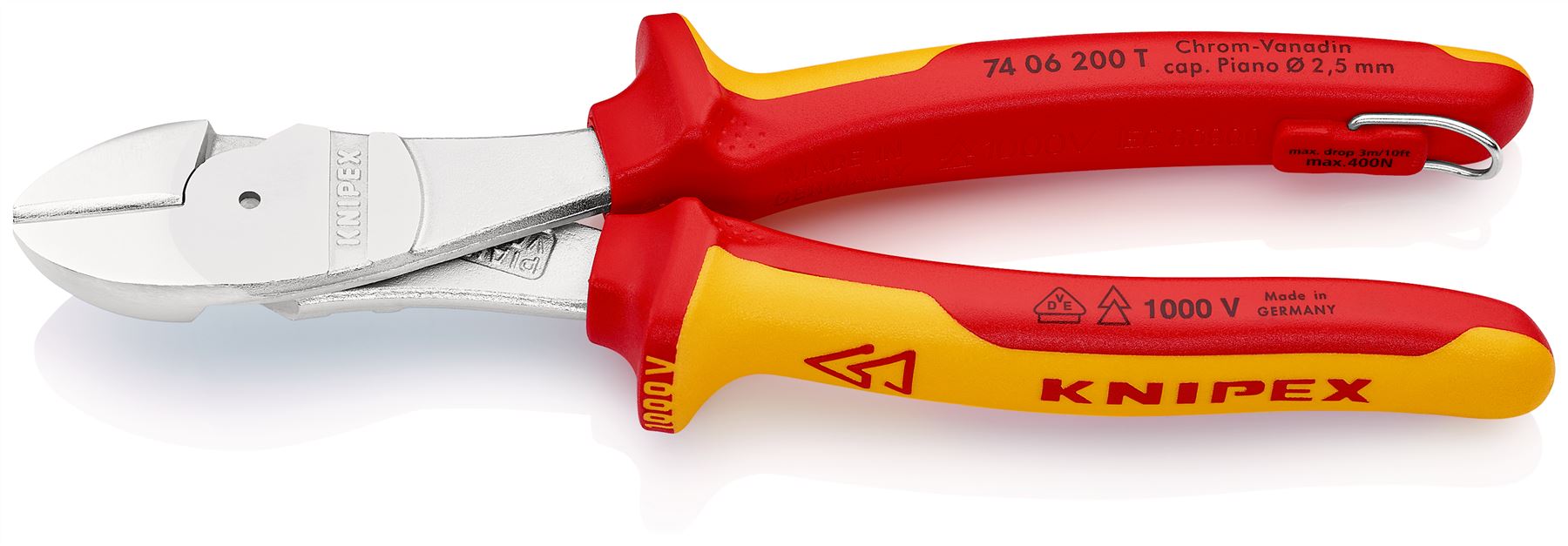 Knipex High Leverage Diagonal Cutter 200mm VDE Insulated 1000V with Tether Point 74 06 200 T 