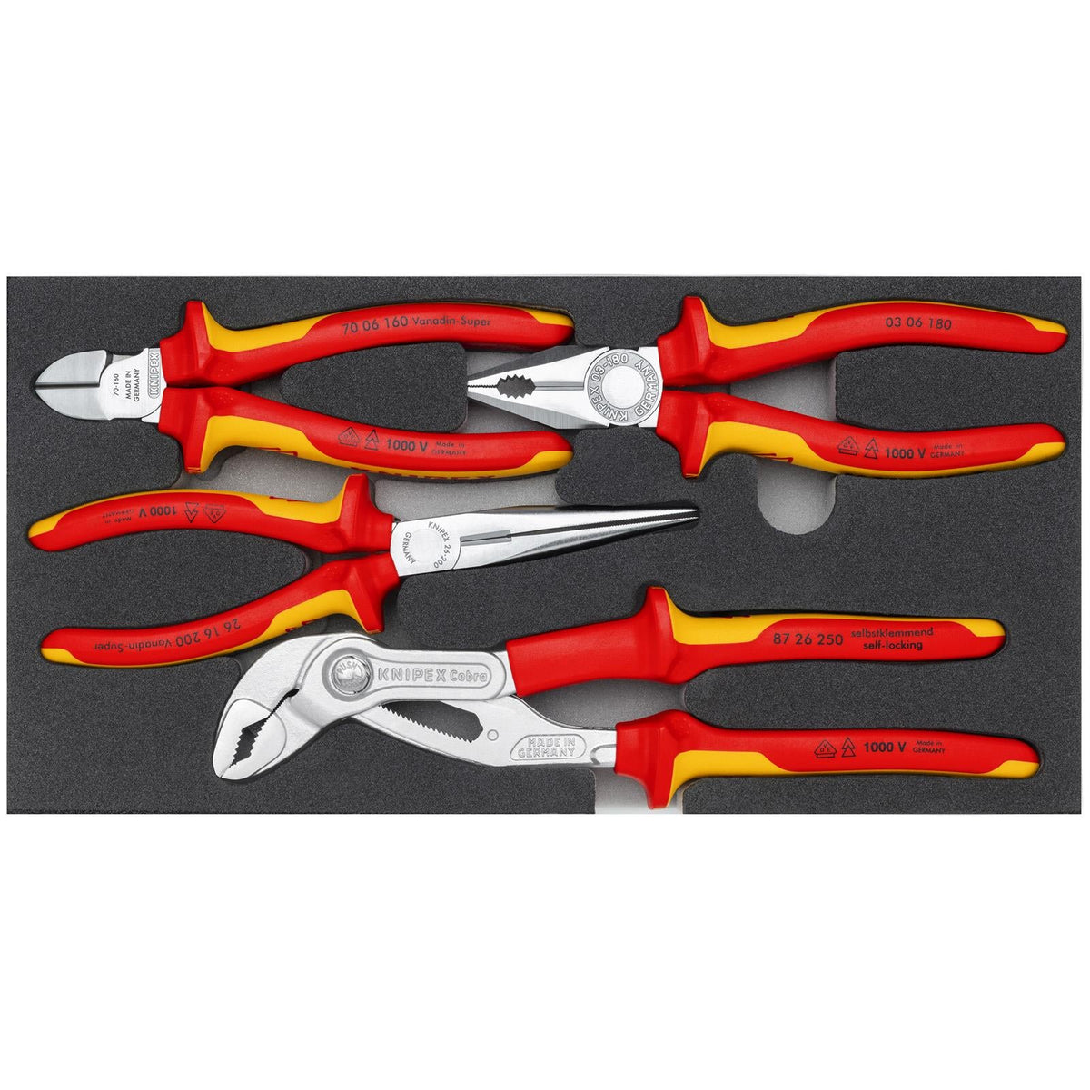 KNIPEX Pliers Set VDE Chrome II in Foam Tray 4 Pieces 00 20 01 V21  White Rose Tools