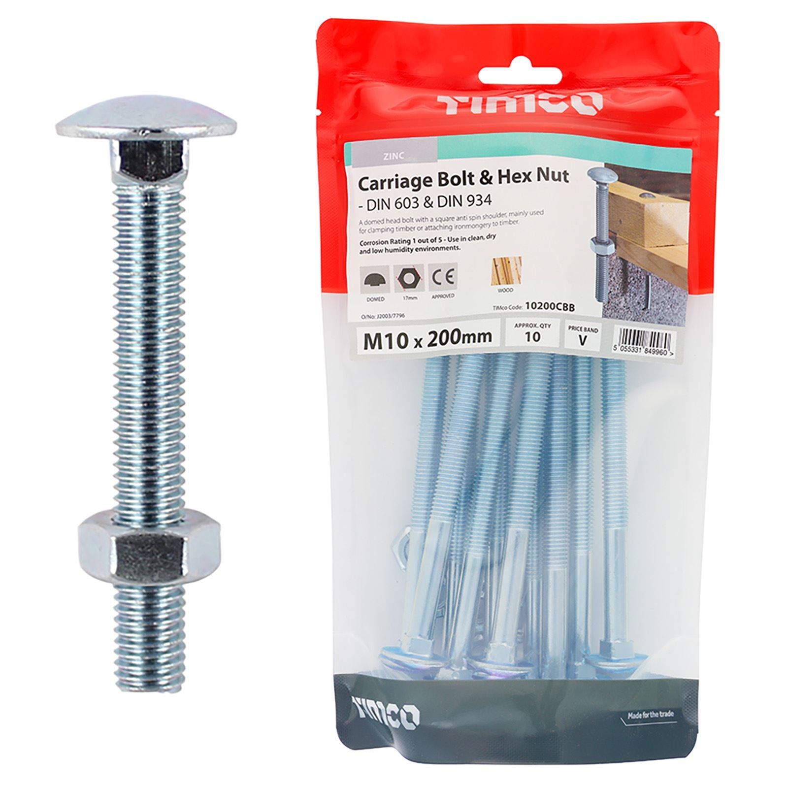 TIMCO Carriage Bolts with Hex Nuts 4.8 Grade Zinc Carbon Steel TIMbag M6-M12 - Choose Size