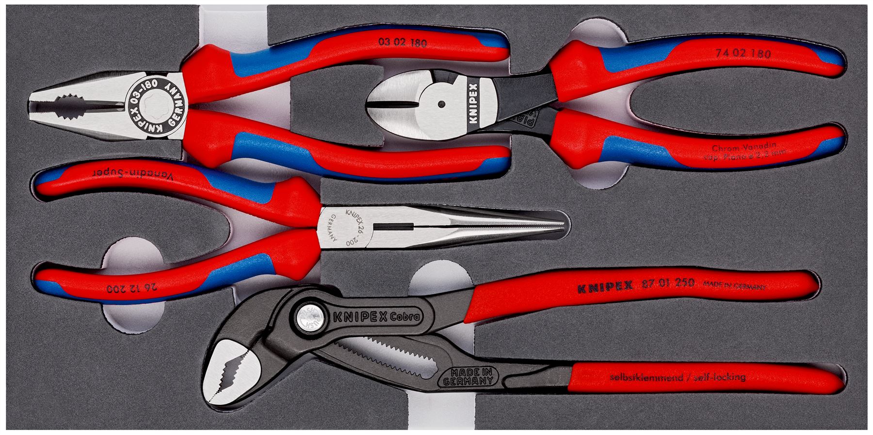 KNIPEX Plier Set in Foam Tray 4 Pieces Cobra Combi Side Cutting Pliers 00 20 01 V15
