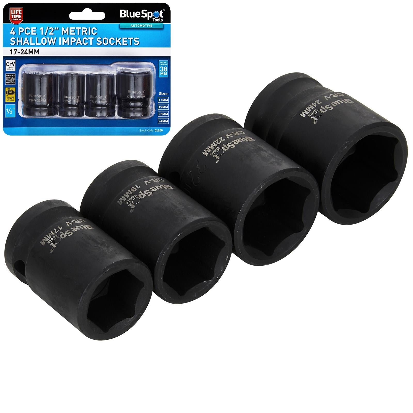 BlueSpot Shallow Impact Socket Set 1/2" Drive Metric 17-24mm 4 Piece  White Rose Tools