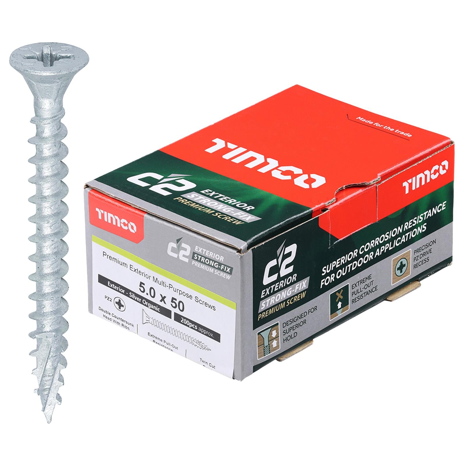 TIMCO C2 Exterior Strong Fix Premium External Wood Screws Pozi Box Exterior Silver Organic - Choose Size