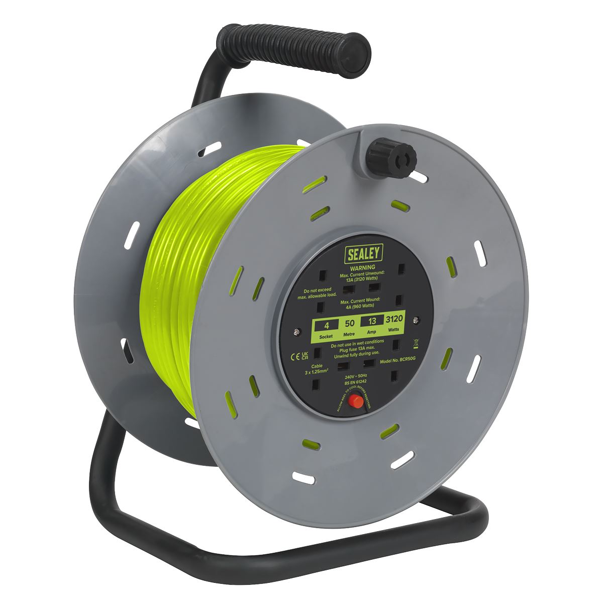 Sealey Cable Reel with Thermal Trip 4 x 230V Sockets 50m - Green