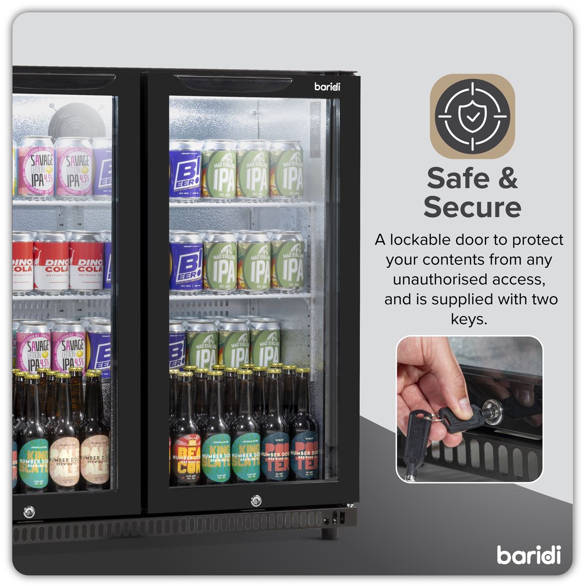 Baridi Hinged Double Door, Back Bar Drinks Fridge/Cooler, 190L Capacity