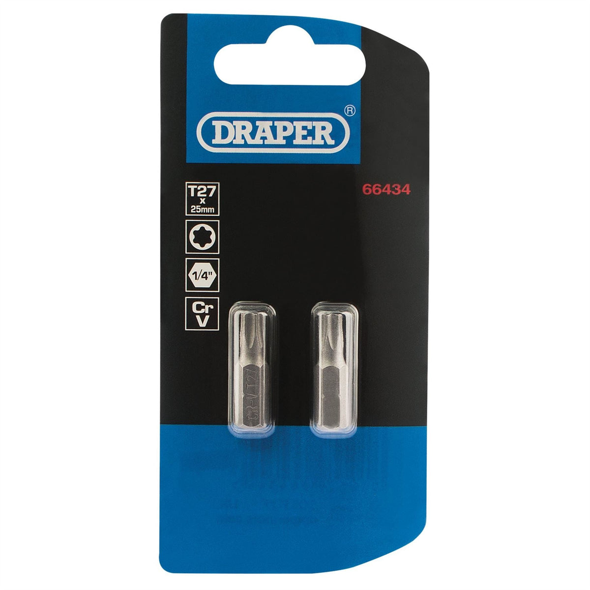 Draper TX-STAR® Insert Bit 1/4" Hex 25mm Long T27 (Pack of 2) 66434  White Rose Tools