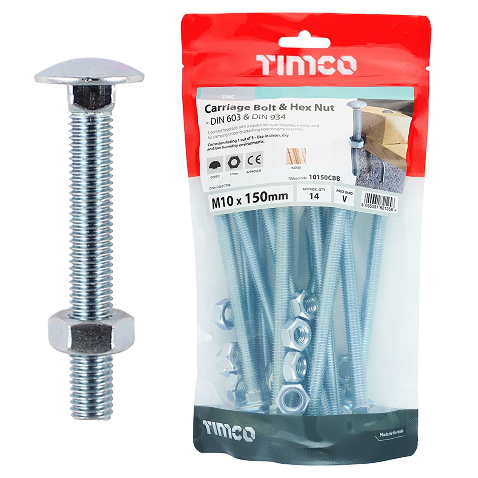 TIMCO Carriage Bolts with Hex Nuts 4.8 Grade Zinc Carbon Steel TIMbag M6-M12 - Choose Size