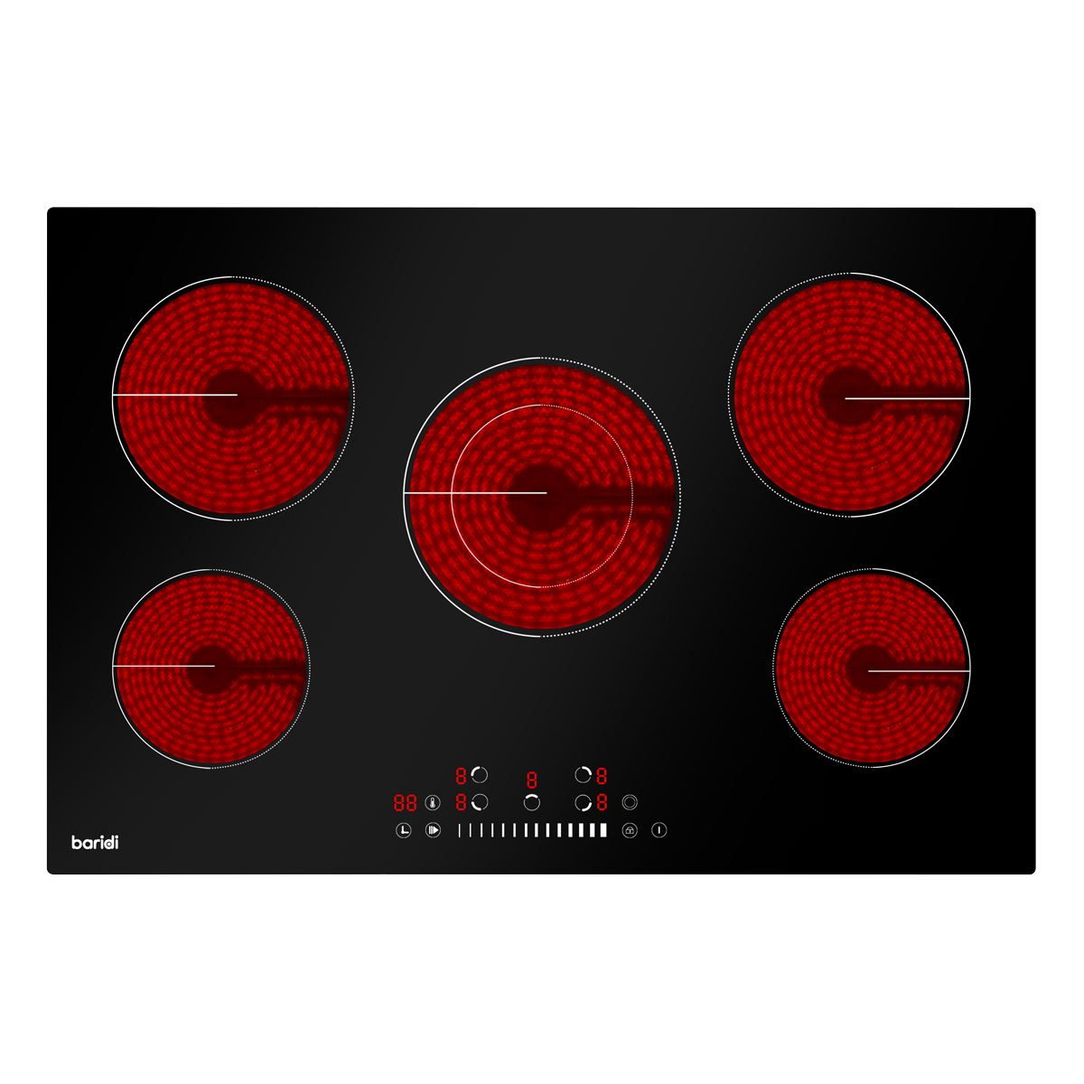 Baridi 77cm Built-In Ceramic Hob with 5 Cooking Zones, Black Glass, 8200W with Slider Touch Controls, Timer