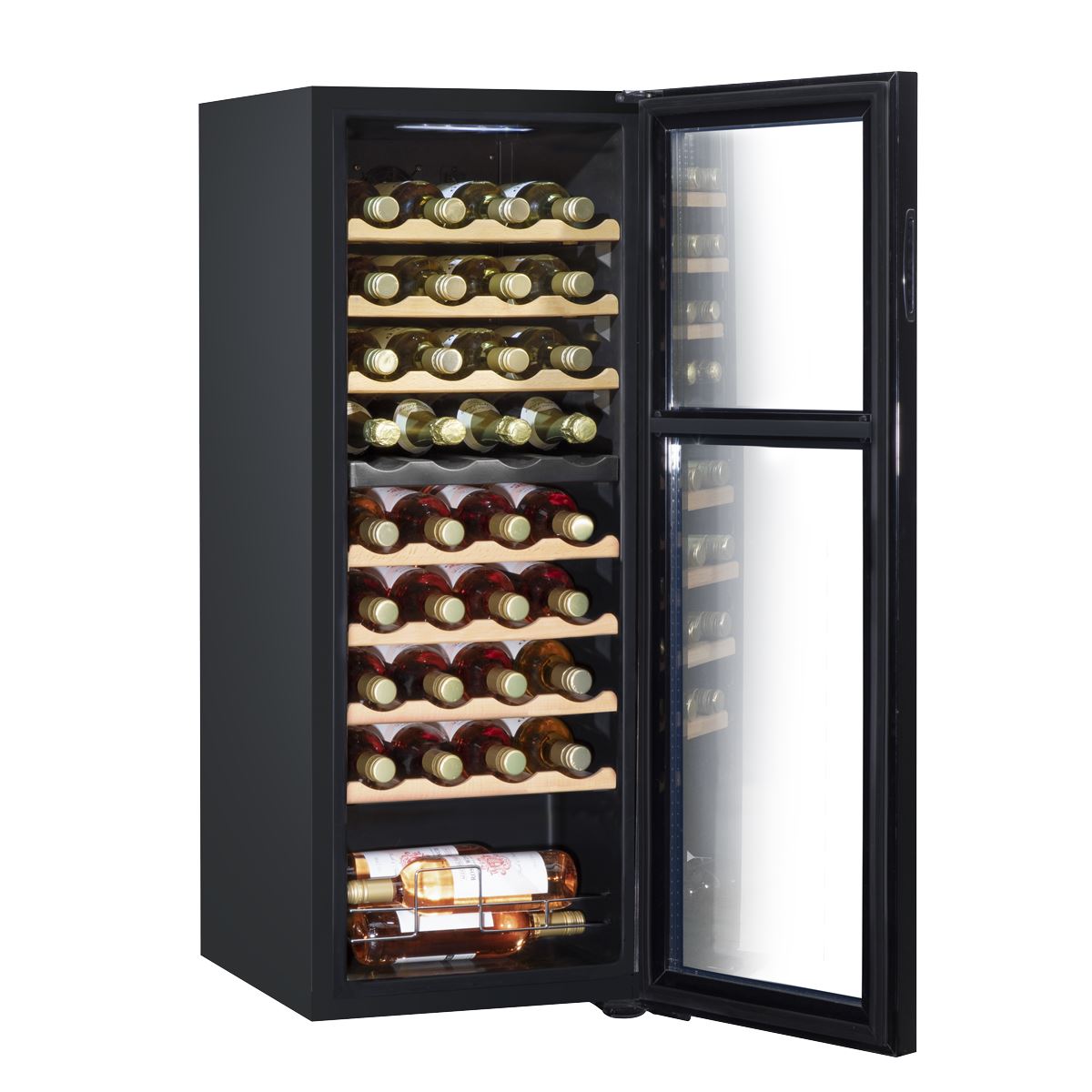 Baridi 36 Bottle Dual Zone Wine Cooler, Fridge with Digital Touchscreen Controls, Wooden Shelves & LED Light, Black