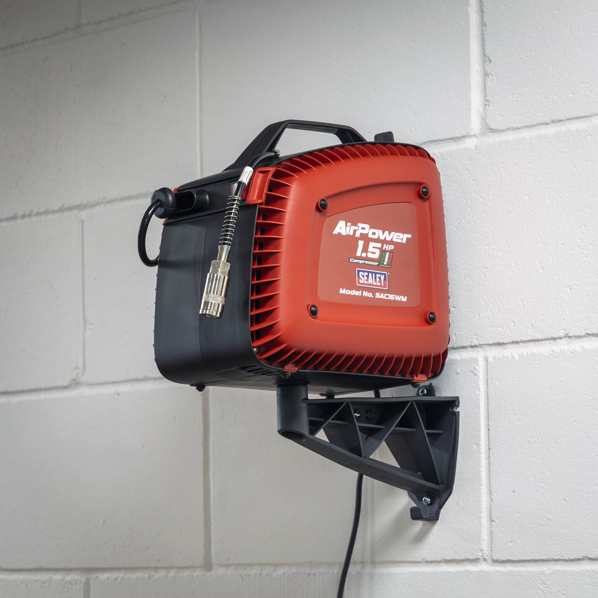 Sealey Wall Mounting Oil Free Air Compressor 1.5hp with 7m Retractable Hose Reel