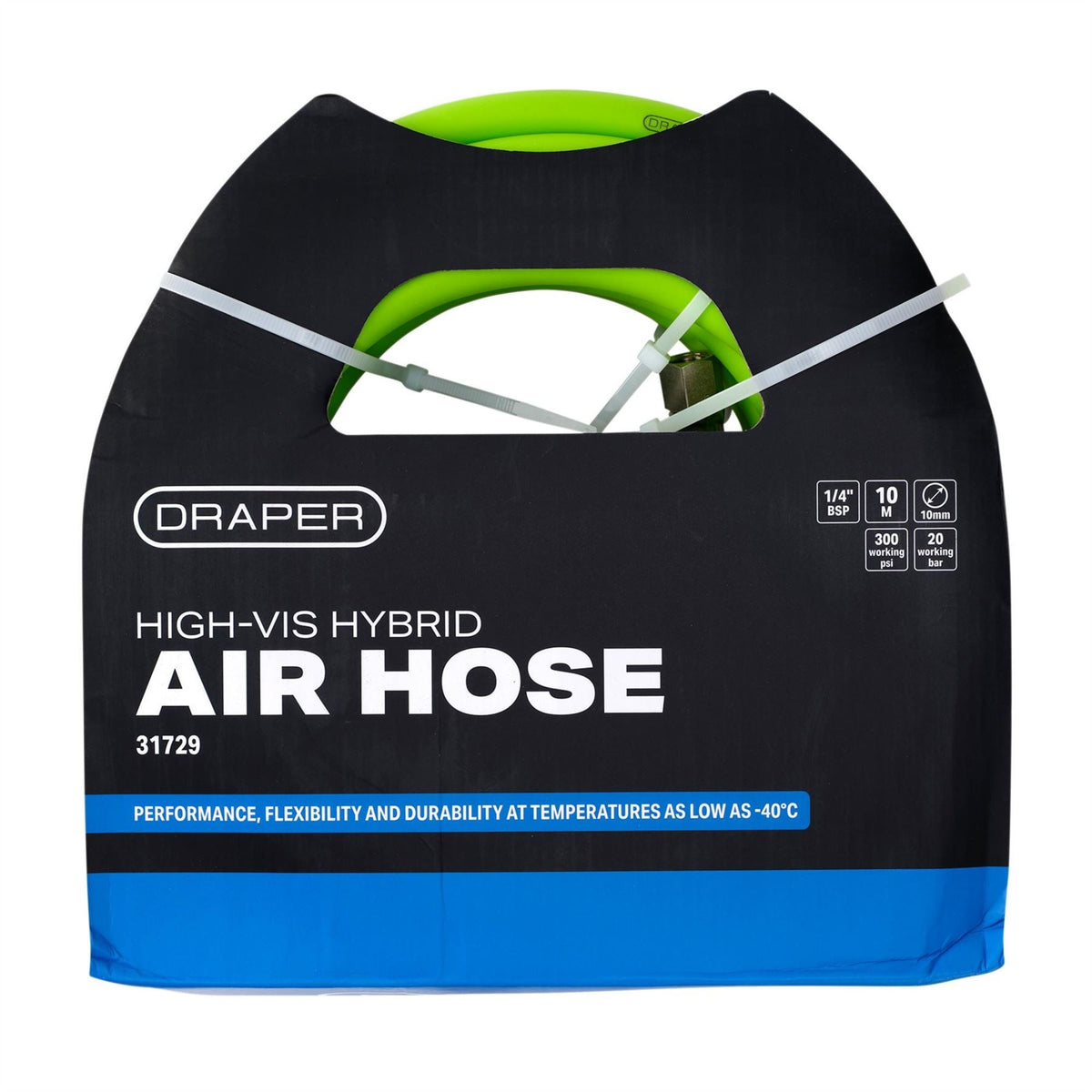 Draper High Visibility Hybrid Air Hose 10m x 10mm 1/4" BSP Green 31729  White Rose Tools