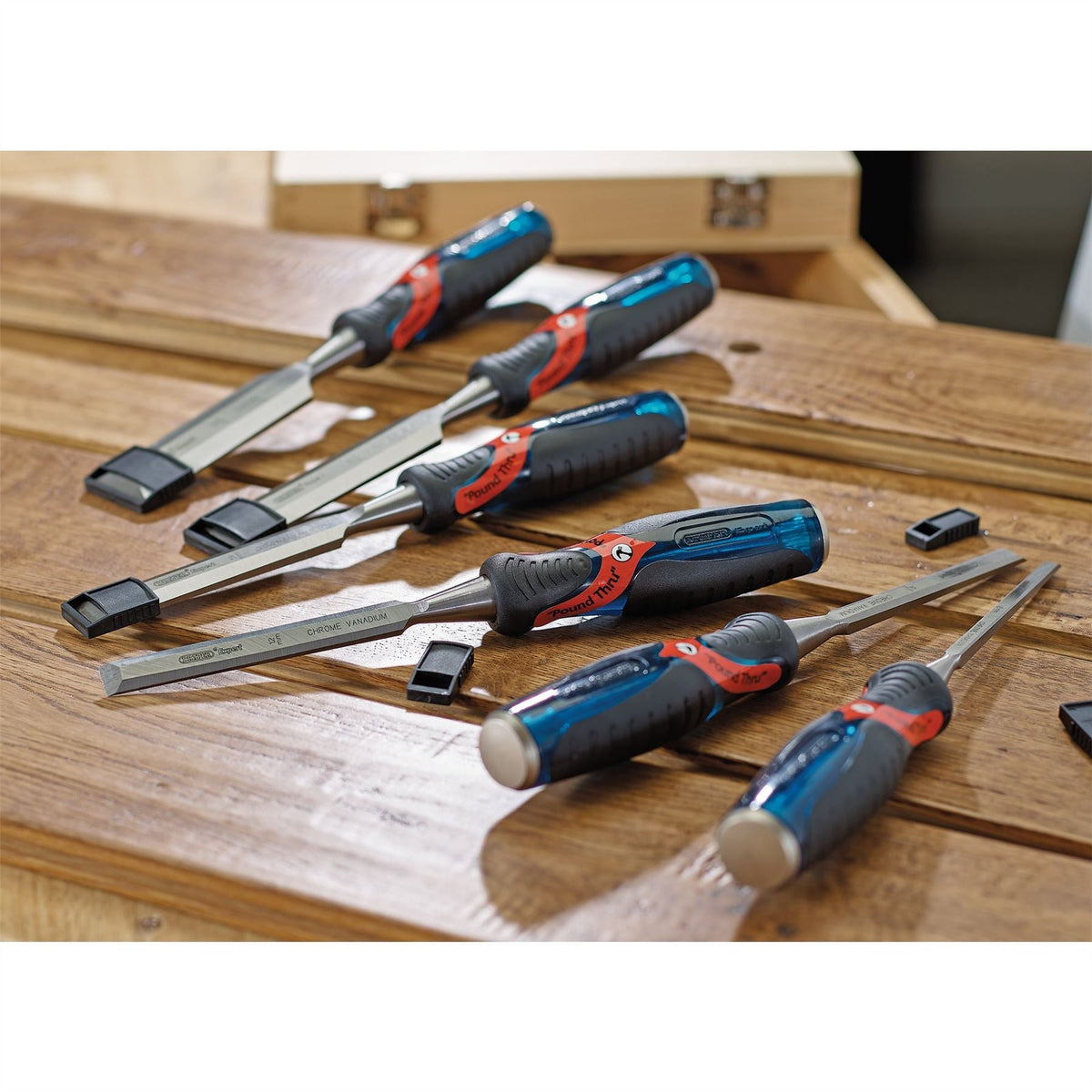 Draper Expert Soft Grip 'Pound Thru' Bevel Edge Wood Chisel Set 140mm (6 Piece) 70419  White Rose Tools