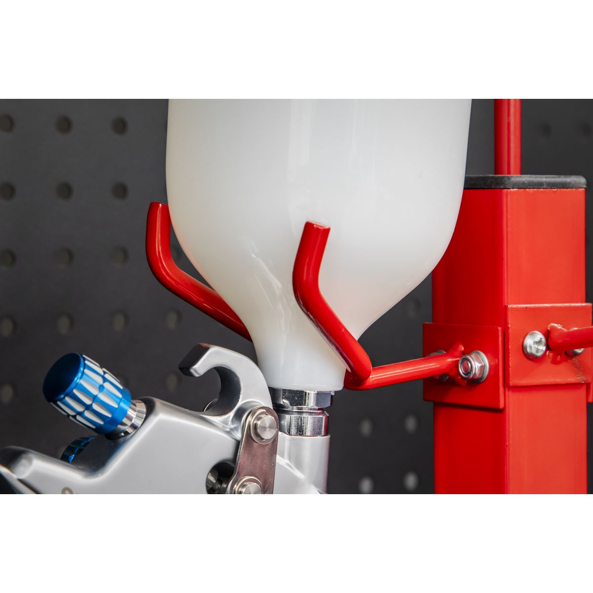 Sealey Spray Gun Holder Stand Heavy Duty 3 Gravity Feed Filter Ring Body Shop 