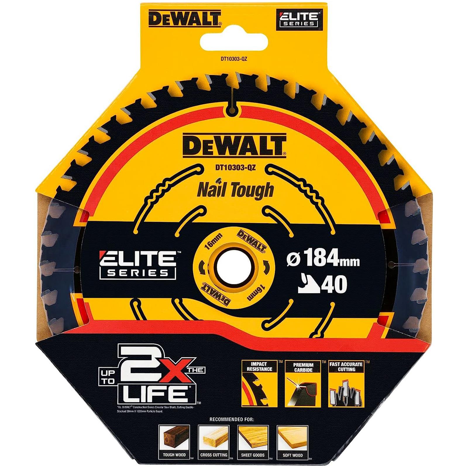 DeWalt Elite Circular Saw Blade 184mm x 16mm 40T Wood Cutting Framing DT10303